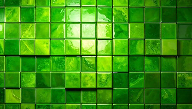 Close-up view of a textured wall constructed of glossy green squares - Powered by Adobe