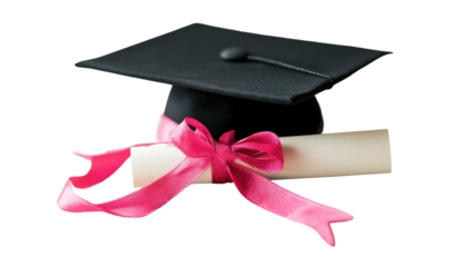 Graduation cap and diploma tied with pink ribbon, against dark background