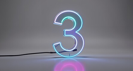 Vibrant and glowing neon number three sign with electric blue, purple, and pink lights against a neutral background. Modern 3D digital numeral graphic for futuristic design, technology, or counti