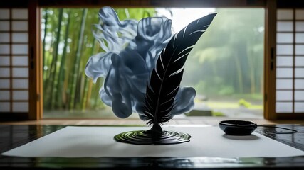 In a tranquil Japanese room, swirling black ink magically transforms into an elegant quill pen as smokey clouds billow behind it - Powered by Adobe
