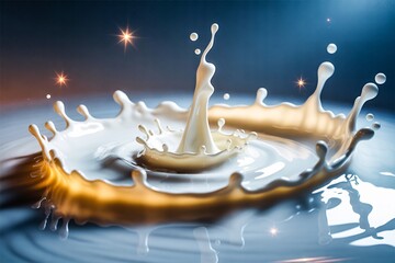 Milk splash crown droplets column sparkles glow warm cool surreal fantasy background