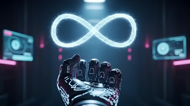 Robot hand reaching for infinity symbol.