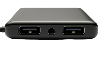 Black hub with two USB ports and round input jack