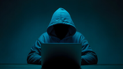 Mysterious hooded figure intensely focused on laptop screen in dark, atmospheric setting