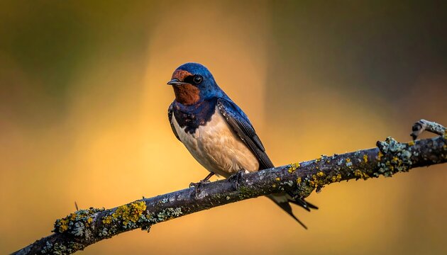 Colorful bird perched on a lichen-covered branch against soft bokeh - Powered by Adobe