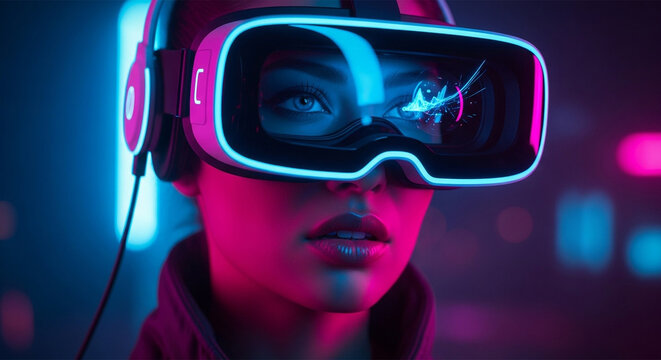 A captivating closeup of a woman wearing a virtual reality headset with neon lights, exploring the digital world and experiencing immersive technology