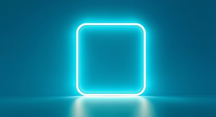 Vibrant Glowing Neon Rounded Rectangle Frame on Modern Blue Reflective Background with Copy Space, Perfect for Digital Display, Technology, and Futuristic Concepts