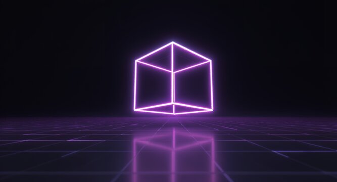 Vibrant Glowing Neon Purple Wireframe Cube Floating Above a Reflective Digital Grid Surface in a Dark Futuristic Abstract Space, Evoking Technology, Virtual Reality, and Cyberspace Themes