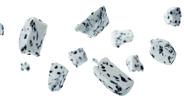 Spotted cubes float in space against a stark, dark background - Powered by Adobe