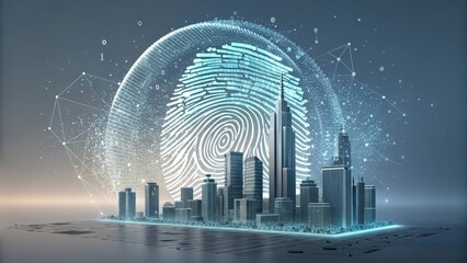 Futuristic digital fingerprint encircling a modern cityscape with data streams