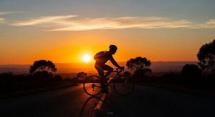 Silhouette of a cyclist riding into the sunset, capturing the freedom and adventure of outdoor sports against a vibrant sky, symbolizing fitness and determination