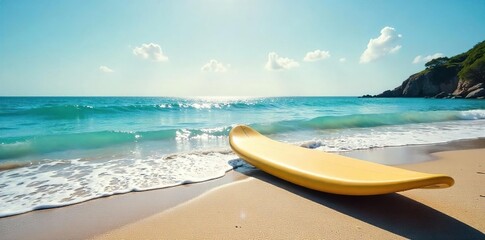 Tranquil Beach Scene Lone Surfboard on Sun-Drenched Shore, Gentle Waves, Peaceful Ocean View, Perfect for Summer Travel and Relaxation Projects