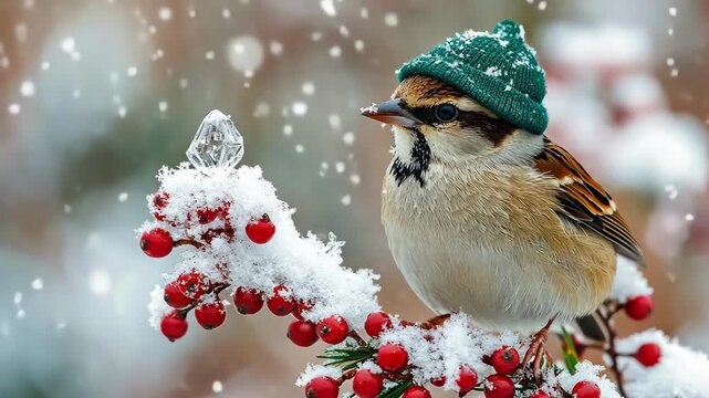 Cute sparrow wearing a green hat perched on a snowy berry branch in winter.
