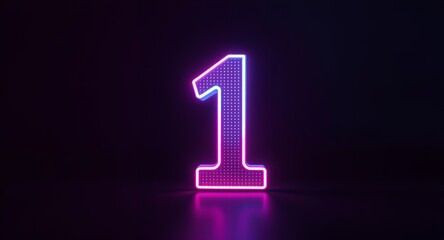 Vibrant Neon Number One Glowing on Dark Reflective Surface, Illuminated Futuristic Digit 1 with Pink, Purple, and Blue Light Effect, Modern Graphic Symbol for Success, Ranking, or Countdown