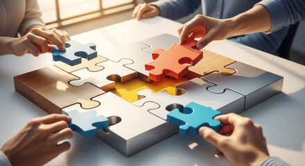 Teamwork and collaboration concept closeup of hands assembling colorful jigsaw puzzle pieces on a white table, symbolizing problemsolving and strategy