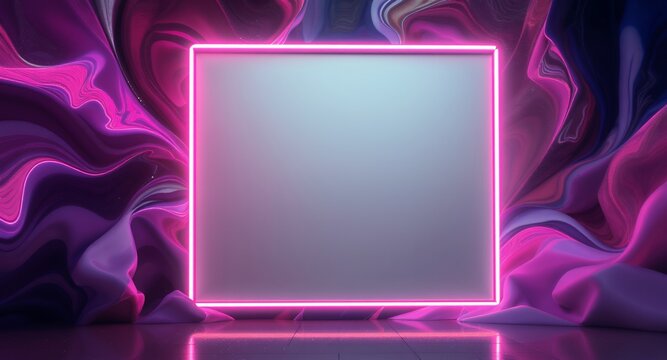Vibrant Neon Pink Glowing Rectangular Frame on Abstract Liquid Purple and Blue Background with Reflective Floor. Modern Digital Product Display Stage with Empty Copy Space for Text or Graphics. - Powered by Adobe