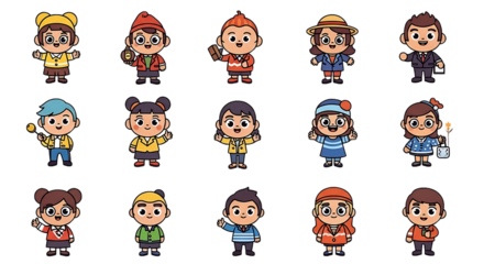 Collection of diverse pixel art characters wearing various outfits isolated on transparent background cute and charming pixelated figures