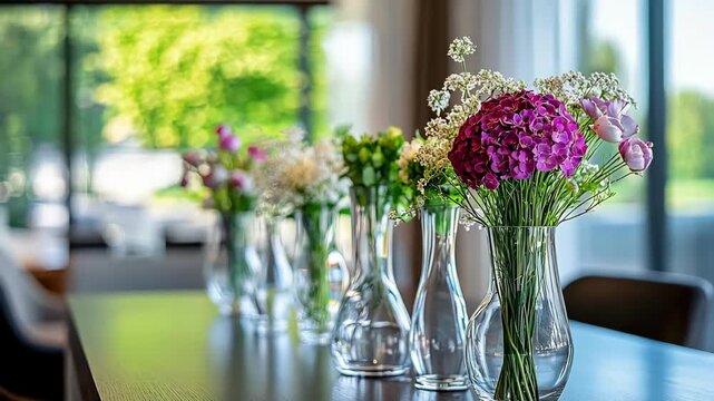 Elegant floral arrangement in glass vases on a table, bathed in natural light.