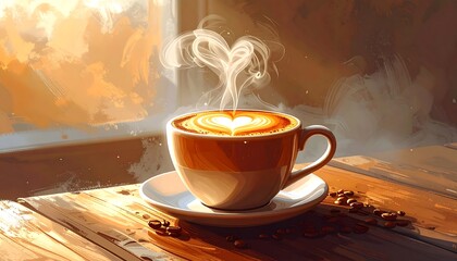 Cozy painting of warm latte art with steam shaped as a heart
