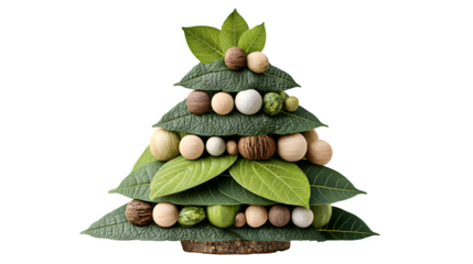 Eco-friendly mini Christmas tree made from rolled green paper leaves spiraling upward with golden bead ornaments, isolated on white background