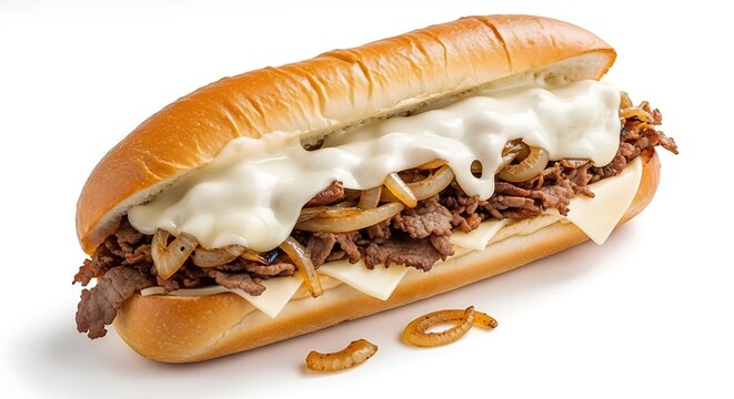 Delicious Philly Cheesesteak Sandwich with Melted Cheese and Grilled Onions.