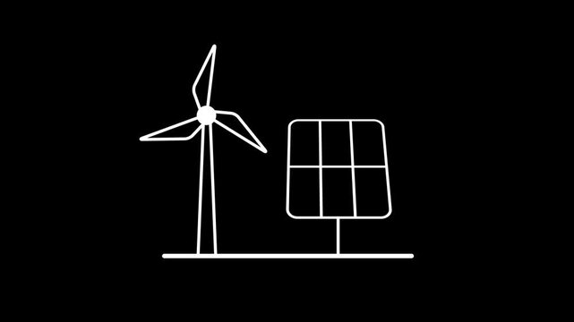 Renewable Energy Line Animation with Windmill and Solar Panel. Black Line Energy Icons Animation, Sustainability Concept. Clean Energy Motion Graphic with Wind Turbine and Solar Panel.