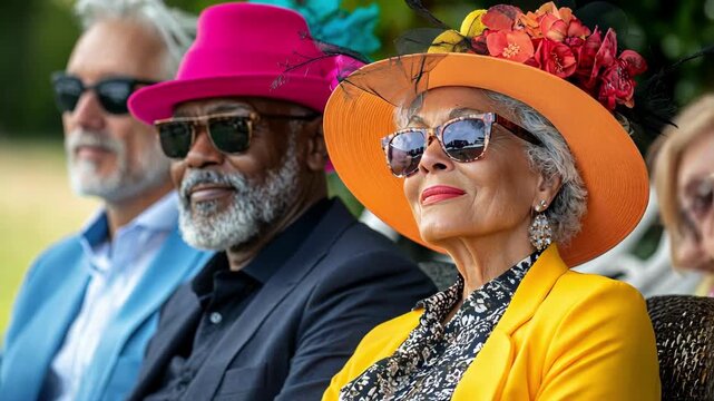 Elegant group attends outdoor event, dressed in colorful hats and stylish attire.