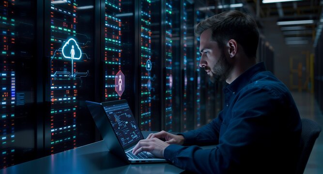 A focused IT professional operates a laptop in a modern server room, surrounded by glowing data racks with integrated digital displays showcasing cloud computing, network activity, and cybersecur