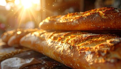 Freshly baked, golden baguettes bask in warm, sunlit bakery glow