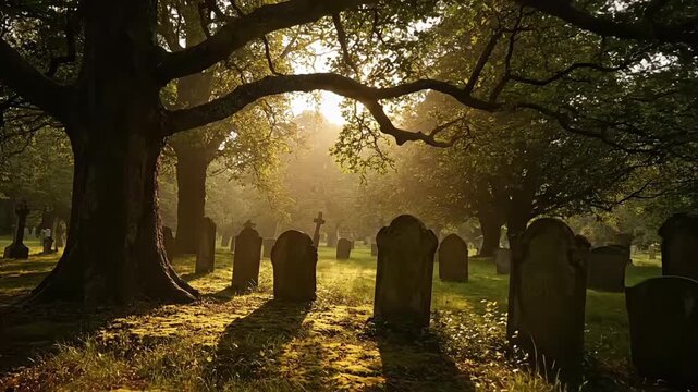 Serene cemetery at dawn with sunlight filtering through trees and gravestones