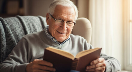Contented senior man with glasses immersed in reading a book at home, relishing a peaceful moment of relaxation and intellectual engagement in retirement