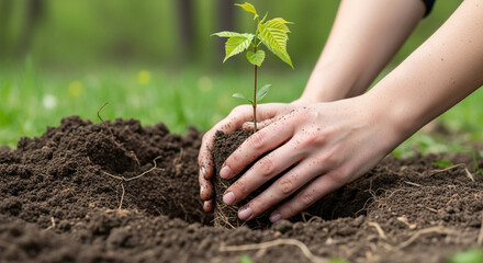 Closeup of hands planting a young tree sapling in fertile soil, symbolizing growth, environmental conservation, and a commitment to a sustainable future