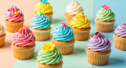 A delightful array of colorful cupcakes, each adorned with a swirl of pastel frosting and whimsical decorations, arranged on a splittone backdrop, creating a cheerful and inviting scene