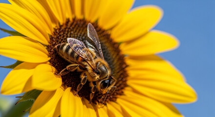 A closeup shot captures a bee diligently collecting pollen from a vibrant yellow sunflower against a clear blue sky, showcasing natures beauty and symbiosis
