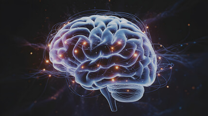 Dynamic glowing neural network visualization of human brain activity, representing thought and innovation.