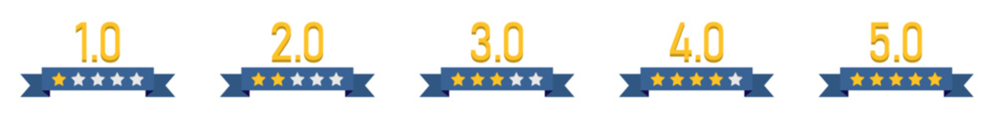 Set of 5-star rating badges with numbers and ribbon design for review, feedback, and ranking icons. isolated vector illustration on white background.