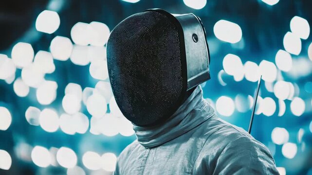 Fencer in mask and uniform, ready for the duel. Intense and focused athlete.