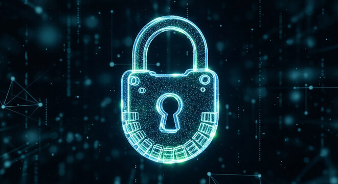 Digital data protection and cybersecurity concept showing a padlock icon in a digital cyberspace with binary code and glowing dots on a dark background