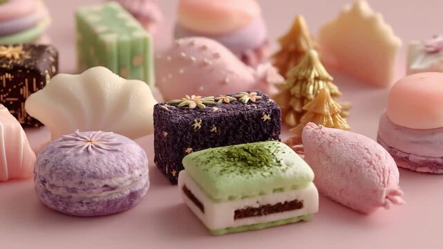 Assortment of colorful sweets and treats displayed on a light pink surface