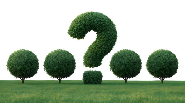 Green question mark topiary surrounded by round trees in a grassy field, symbolizing inquiry - Powered by Adobe