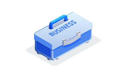 Isometric illustration of a blue toolbox with the word business on top, representing business tools and resources