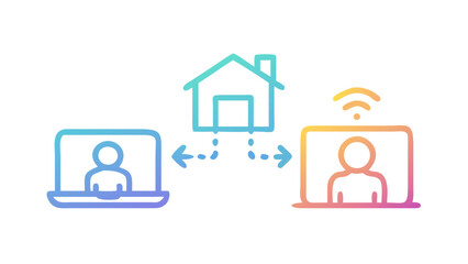 Remote work concept showing two people video conferencing from home, connected by a house and wifi signal