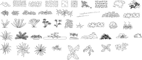 Line-drawn plant and garden elements for landscape design — includes shrubs, flowers, trees, and ground cover in minimalist vector style for architectural plans.