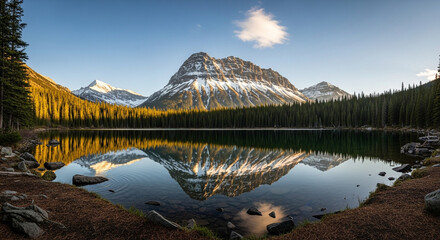 Scenic view of a mountain reflecting in a lake surrounded by a forest, with snowcapped peaks and a blue sky with a single cloud in the background