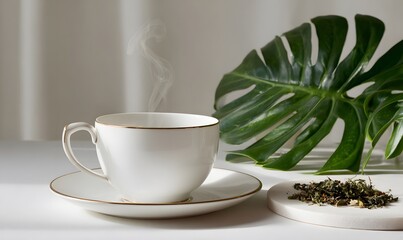 A giant elegant white porcelain teacup with gold trim sitting on a matching saucer, placed on a sleek white podium. 