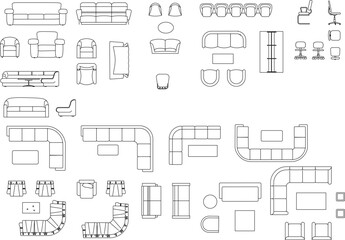 Top-down vector furniture icons for living rooms and offices — includes sofas, chairs, tables, and modular layouts ideal for interior and space planning.