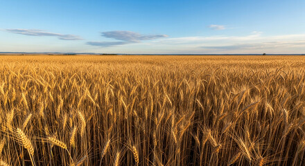 Golden wheat field under a blue sky with few clouds on a sunny day, showcasing the beauty of agriculture and the abundance of the harvest season