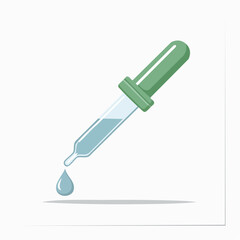 Illustration of a green dropper with a drop of liquid in a white background