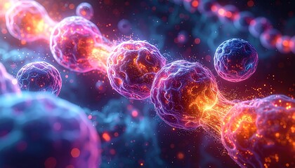 Vibrant Microscopic Cells Radiating Energy and Connecting in a Futuristic Biological Network