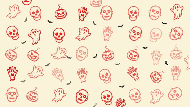 Halloween themed pattern with skulls, pumpkins, ghosts, hands, and bat silhouettes. Perfect for spooky designs, backgrounds, and festive decorations.